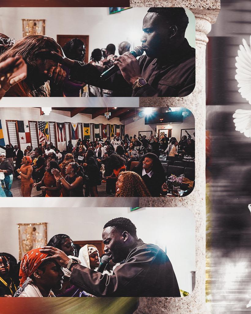 Davins Manasse praying for people, and the congregation worshipping beneath national flags